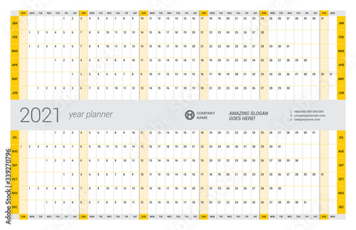 Calendar yearly planner template for 2021. Printable template. Week starts on Sunday