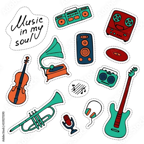 Musical sticker pack. Hand-drawn musical icons. Print icons and digital. Vector