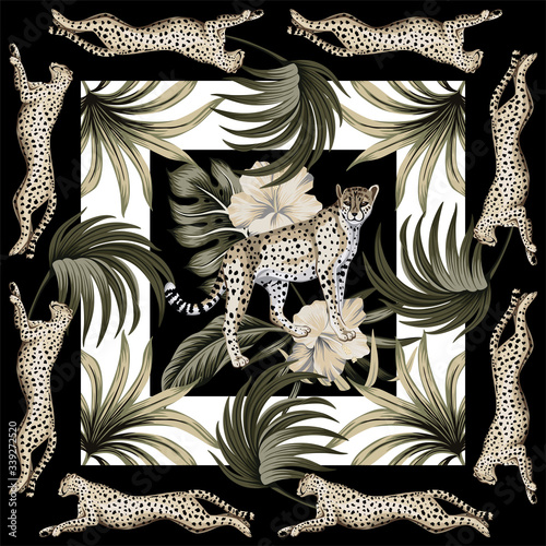 Vintage palm leaves floral, hibiscus flower, cheetah running, leopard animal geometric pattern white background. Exotic tropical scarf.