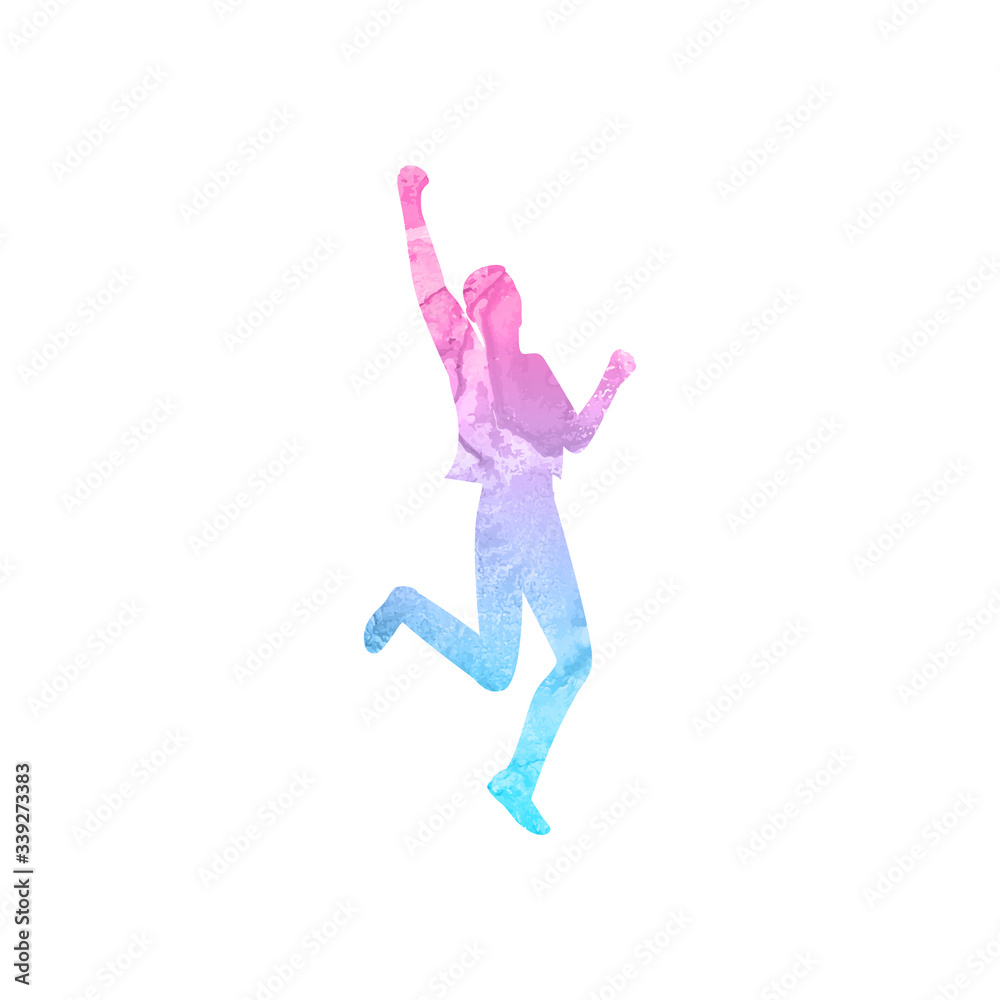 Obraz Sylwetka człowieka skaczącego. Akwarela tekstury. Na białym tle. Ilustracja wektorowa płaski