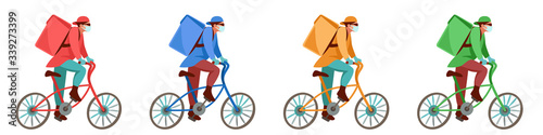 courier in red, blue, yellow, green uniforms, in a protective face mask and gloves on a bicycle quickly delivers an order