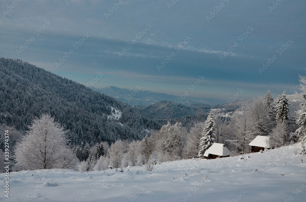 Górskie chaty w śniegu