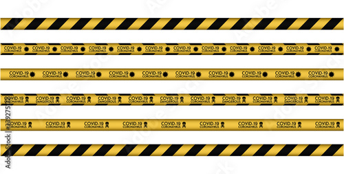 Set of caution, Corona Virus 2020, attention line. Black and yellow line striped. Virus infections. Coronavirus (2019-nCoV). Virus Covid 19-NCP. Virus cells