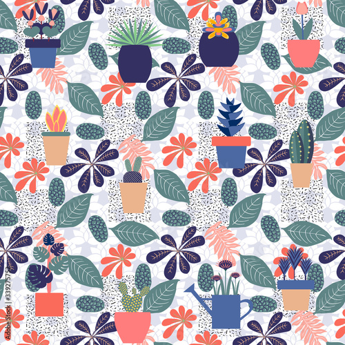 Trendy seamless pattern with foliage and houseplant.