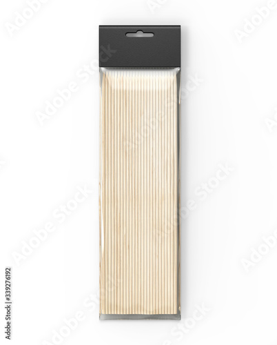 BBQ Accessories Bamboo Skewers And Picks Plastic paper slot Packaging, 3d render illustration.