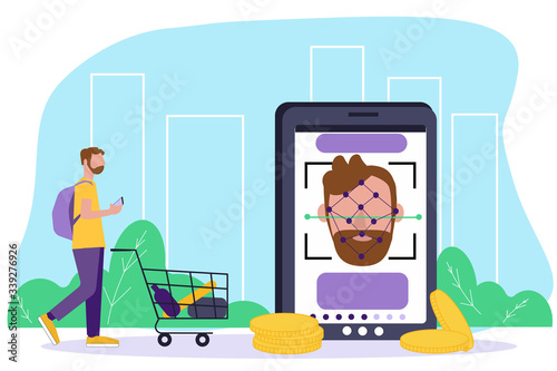 Face payment. Smartphone scans man face, man use facial recognition application to login to system to buy. Payment using Face Recognition. Biometric Identification Concept. Vector on city background