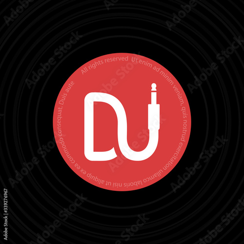 Isolated Dj logo on vinyl disc background . Disk jockey stylized music logotype. Musical icon on dark background