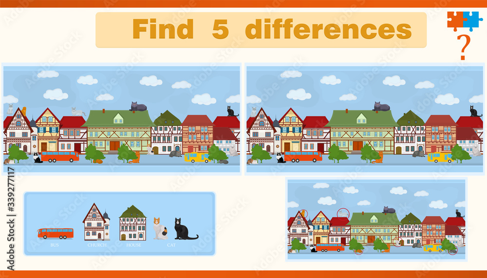 Find the difference in a children's game with houses and cats on the street.