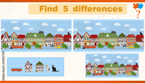 Find the difference in a children's game with houses and cats on the street.