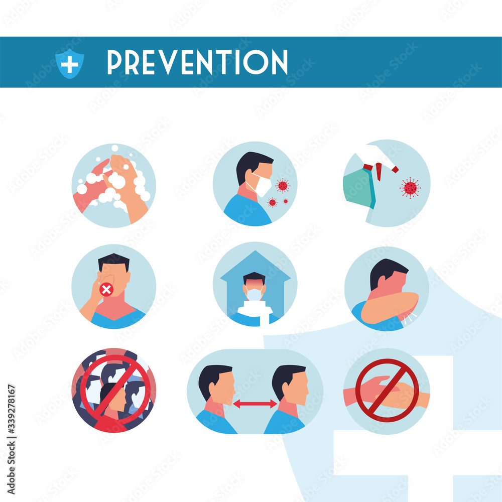set of icons with coronavirus infections prevention methods