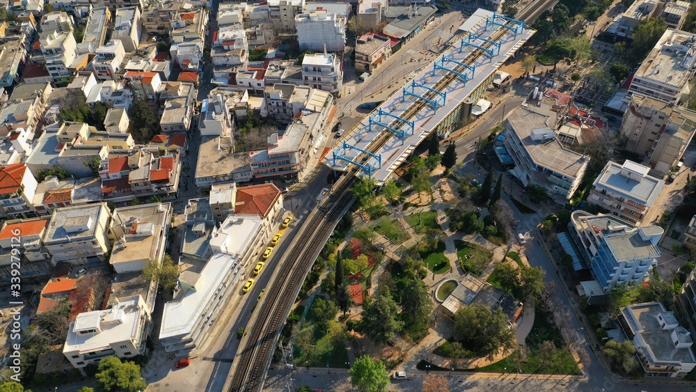 Fototapeta premium Aerial drone photo of main train station of Marousi centre and district, North Athens, Attica, Greece