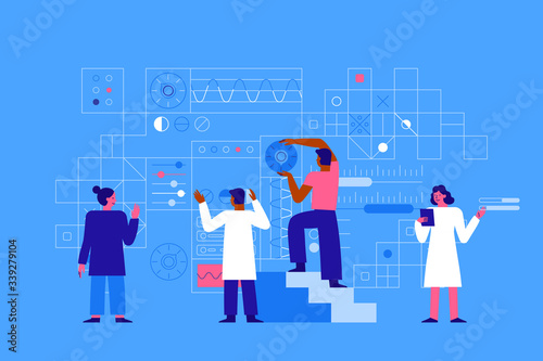 Vector illustration in flat cartoon simple style with characters - big data science and virtual futuristic interface development concept - teamwork and management