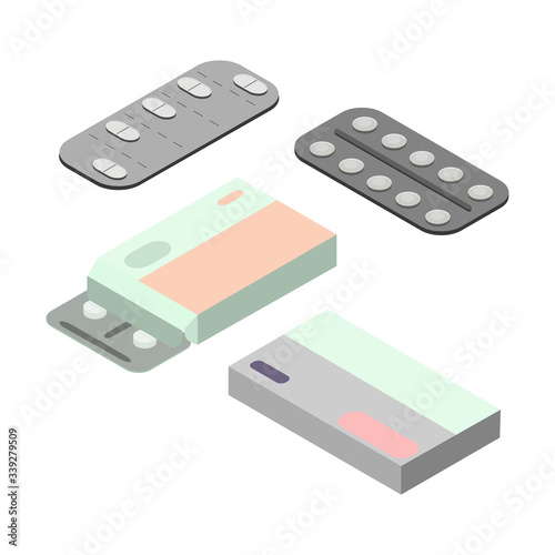Medication in isometric style. Medical pills in a pack. Vector illustration isolated on a white background.