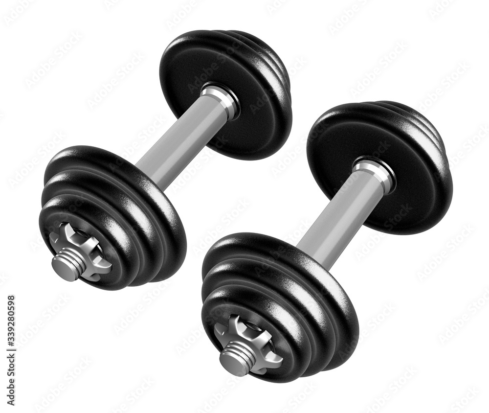 Dumbbells are isolated on a white background. 3D illustration. Dumbbells are isolated on a white background. 3D illustration.