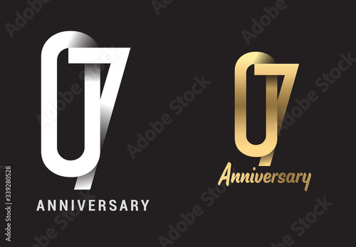 7 years anniversary celebration logo design. Anniversary logo Paper cut letter and elegance golden color isolated on black background, vector design for celebration, invitation card, and greeting card