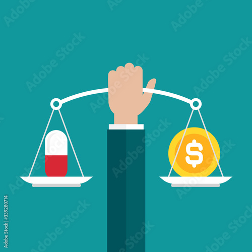 Businessman hand holds mechanical scales with dollar coins and pill, drug in pans.