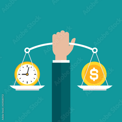 Businessman hand holds white mechanical scales with dollar coin and clock in pans.