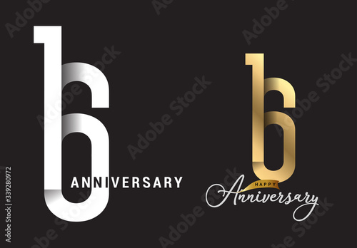 16 years anniversary celebration logo design. Anniversary logo Paper cut letter and elegance golden color isolated on black background, vector design for celebration, invitation card, and greeting
