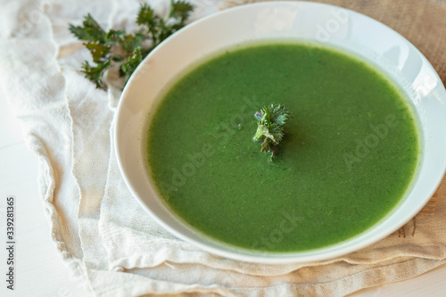 vegetable cream soup green spinach, nettle, brocolli, peas 