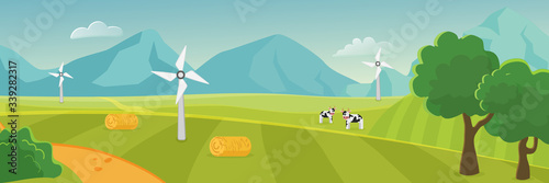 Countryside landscape panorama with mountains on horizon cartoon flat vector illustration. Picturesque panoramic green open space, trees, cute cows, outroad dirt road and sheaves, wind generators
