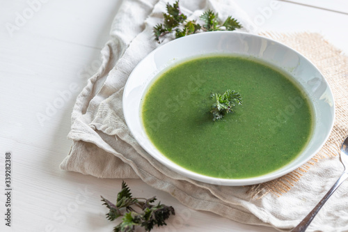 vegetable cream soup green spinach, nettle, brocolli, peas 
