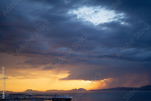 View of a sunset over the leisure port of Vigo, Spain