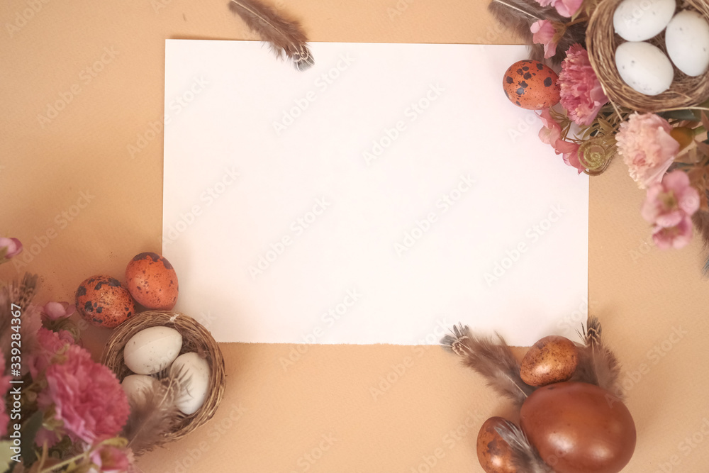 Top view easter background. Happy easter eggs pained on also beautiful flower. Texture with decorations and copy space. Top view easter background. Happy easter eggs pained on also beautiful flower. Texture with decorations and copy space.