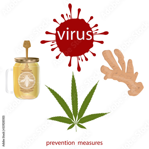 Honey in a jar with a spoon, ginger root, cannabis leaf, virus symbol - isolated on white background - vector. Health care. Preventive measures. Product for the immune system.