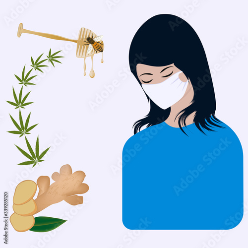 Product for the immune system. Ginger root, cannabis leaf, honey spoon with drops, bee - a girl in a medical mask - isolated on white background - vector. Health care. Preventive measures.
