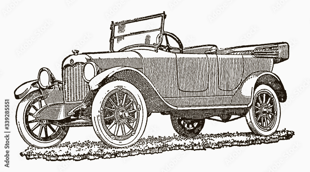 Antique touring car in three-quarter front view. Illustration after a historical engraving from the early 20th century