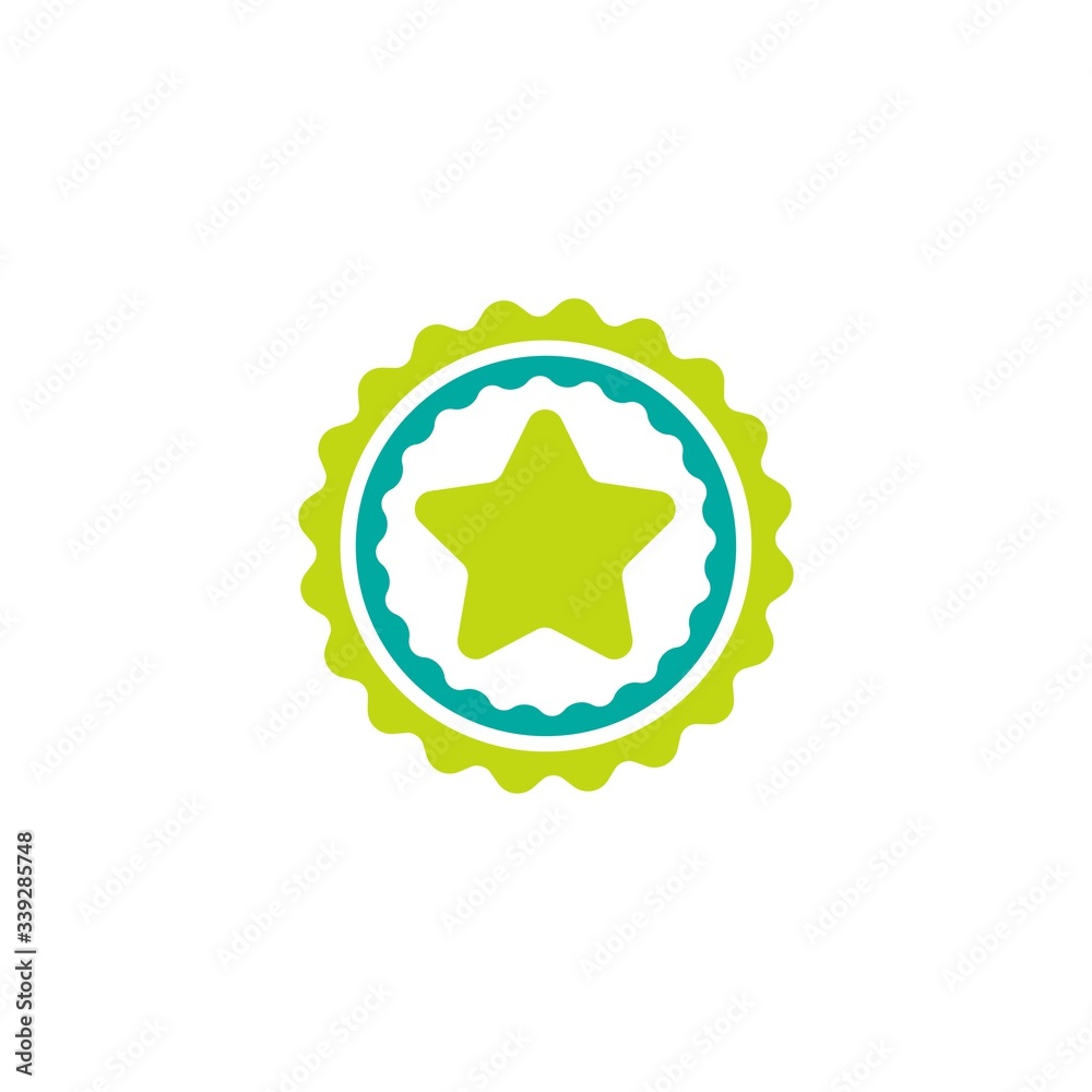 Blue circle with ribbon and green star. Flat sticker icon. Isolated on white. Accept button. Vector award illustration.
