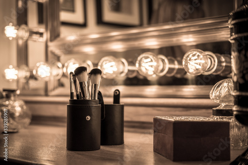 vintage vanity makeup accessories, woman's makeup dressing table with mirror