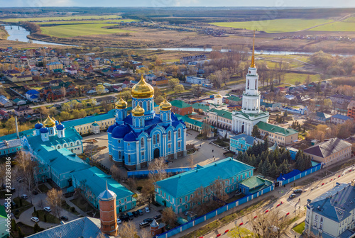 Vladimir Cathedral of the Zadonsk Nativity of the mother of God monastery, aerial photography from a bird's eye view