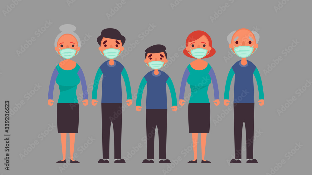 Naklejka premium Big Family wearing protective medical mask Reduce the risk infection and disease concept crisis situation that we’re all experiencing around the world due to the coronavirus Coronavirus 2019-ncov.