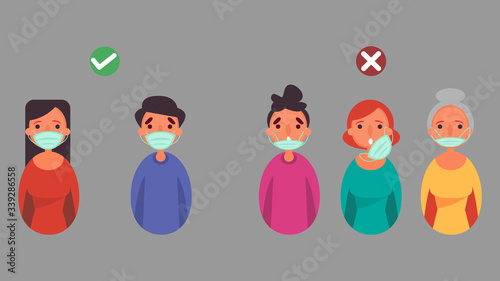 How to wearing face mask right and wrong,distance Reduce the risk infection  and disease concept crisis situation that experiencing around the world due to the coronavirus Coronavirus 2019-ncov.