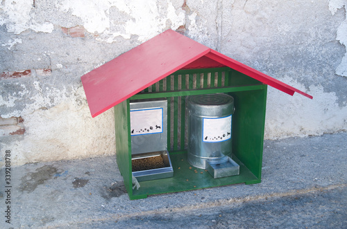 Fototapeta Naklejka Na Ścianę i Meble -  Dog and cat feeder and drinker in the shape of a house