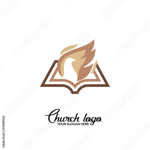 Church logo. Christian symbols. The Bible and the dove are the Holy Spirit.