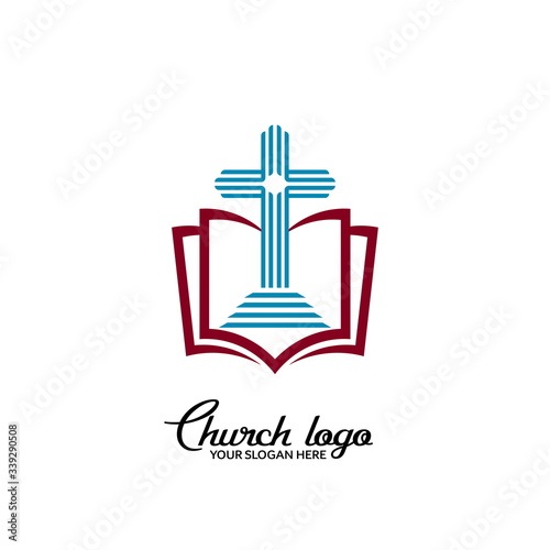 Church logo. Christian symbols. A staircase leading to the cross of Christ against the backdrop of an open bible.