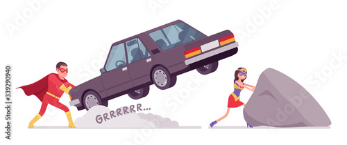 Male, female super hero wearing a red costume, pulling heavy stone, car. Effective man, woman warrior with superpower combat, battle skills, heroic brave people. Vector flat style cartoon illustration