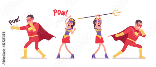 Male, female super hero in attractive red costume, fighting attack pose. Effective man, woman warrior with superpower combat, battle skills, heroic brave people. Vector flat style cartoon illustration