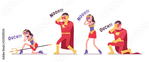 Unlucky male and female super hero in attractive red costume. Unsuccessful failed  man  woman warrior with superpower combat skills  heroic brave people defeat. Vector flat style cartoon illustration