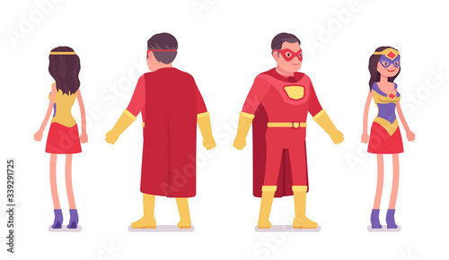 Male and female super hero in attractive red costume standing. Effective man, woman warrior with superpower combat and battle skills, heroic strong brave people. Vector flat style cartoon illustration