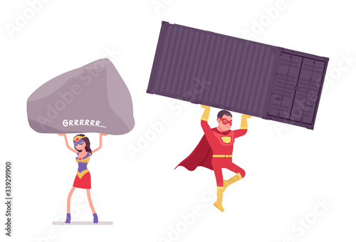 Male, female super hero wearing red costume, carrying big heavy things. Effective man, woman warrior with superpower combat, battle skills, heroic brave people. Vector flat style cartoon illustration