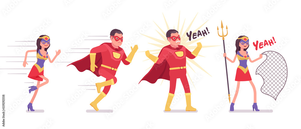 Male, female super hero wearing costume, running in attack to protect. Effective man, woman warrior with superpower combat, battle skills, heroic brave people. Vector flat style cartoon illustration
