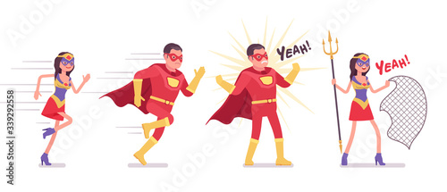 Male, female super hero wearing costume, running in attack to protect. Effective man, woman warrior with superpower combat, battle skills, heroic brave people. Vector flat style cartoon illustration