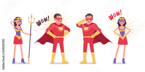 Male, female super hero wearing red costume, stand in attractive poses. Effective man, woman warrior with superpower combat, battle skills, heroic brave people. Vector flat style cartoon illustration