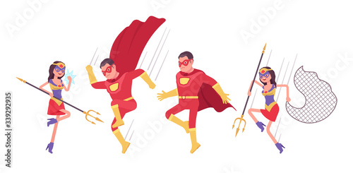 Male, female super hero with weapons wearing costume, jumping in attack. Effective man, woman warrior with superpower combat, battle skills, heroic brave people. Vector flat style cartoon illustration