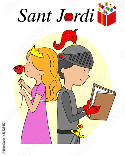 Sant Jordi traditional festival of Catalonia Spain.  Princess with a rose and knight reading