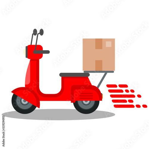 red scooter motorbike delivery parcel on white background