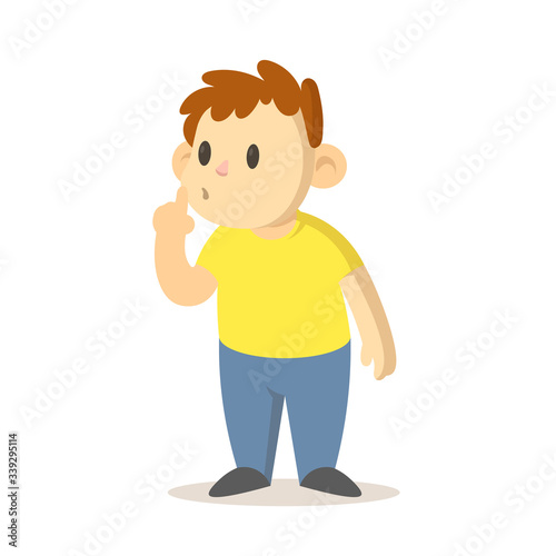 Boy asking for silence with finger pressed to his lips, cartoon character design. Colorful flat vector illustration, isolated on white background.